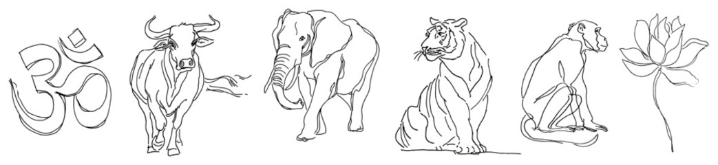 Indian Sacred Animals and Hindu Symbols as a Continuous Line Drawing