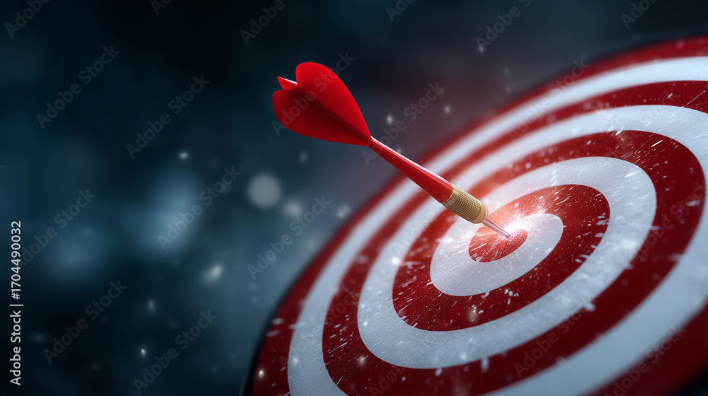 Poster close-up of dartboard with a single red dart hitting the bullseye, dramatic lighting with clear sky 