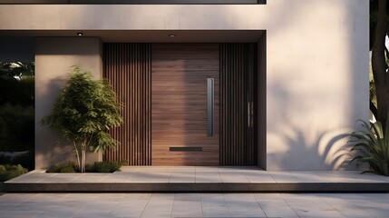 Elegant modern house facade showcasing a natural wood door and minimalist architectural design