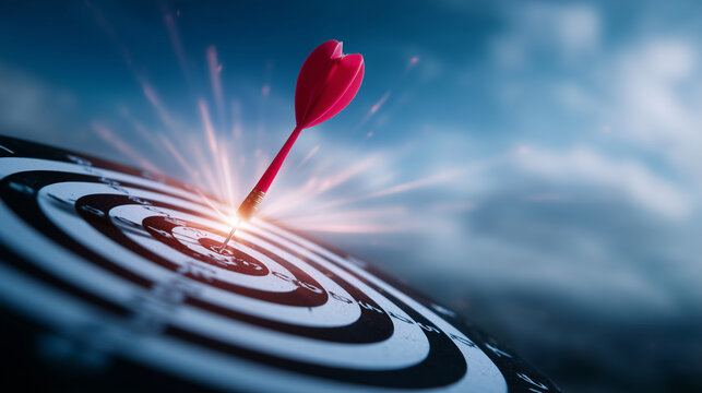 A red dart perfectly striking the center of a black-and-white bullseye dartboard, bright blue sky background, symbolizing accuracy, focus, and achievement. bullseye target, dartboa