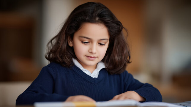 Young Indian schoolgirl concentrating on homework, using a tablet for online learning, writing notes in a notebook. indian student, remote learning, homework, tablet education, onl