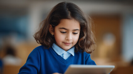 Young Indian girl preparing school notes, combining notebook writing with tablet-based lessons, quiet study environment. indian girl homework, study session, e-learning, note-takin