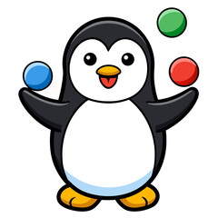 Obraz premium Cute Penguin Character Vector Cartoon Juggling Colorful Balls Chubby Fun Flat Bold Outline Style