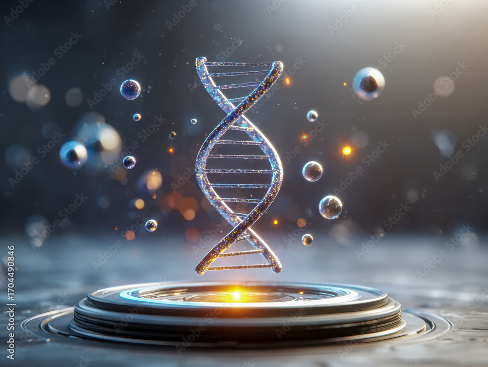 Poster artistically rendered dna double helix structure illuminated with vibrant lights, floating amidst a 