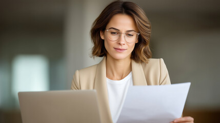 Focused professional woman in beige blazer and glasses reading financial documents, sitting at modern office desk with laptop and paperwork. businesswoman with documents, financial
