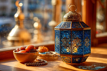 Blue and Gold lantern shows ornate style on wood surface, suitable for ramadan, cultural presentation, product photography.