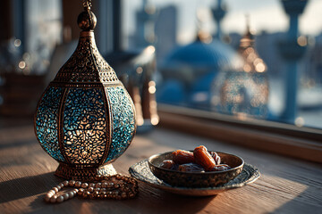 Gold and turquoise lantern casts shadows on wood with dates; Ramadan decor with soft window light for product photography, social media.