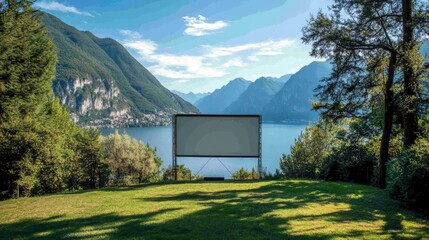 Large outdoor screen overlooks serene lake and majestic mountains. Panoramic view for an immersive experience.