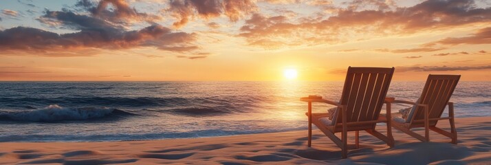 Two beach chairs await on sandy shore at sunset. Tranquil ocean waves reflect the golden sky.
