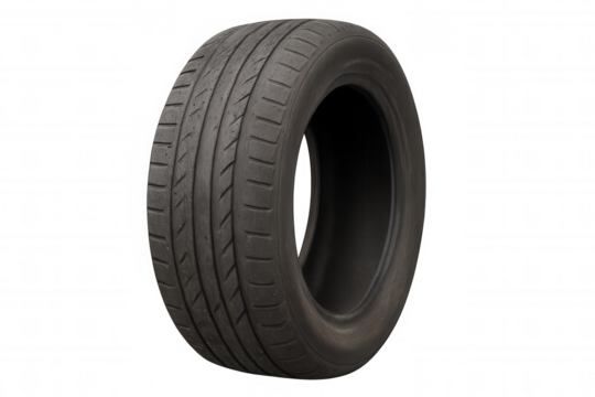 Close-up of a used car tire with visible tread and sidewall, isolated on a transparent background, ready for compositing
