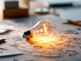 Creativity and innovation concept with illuminated light bulb on technical sketches and diagrams