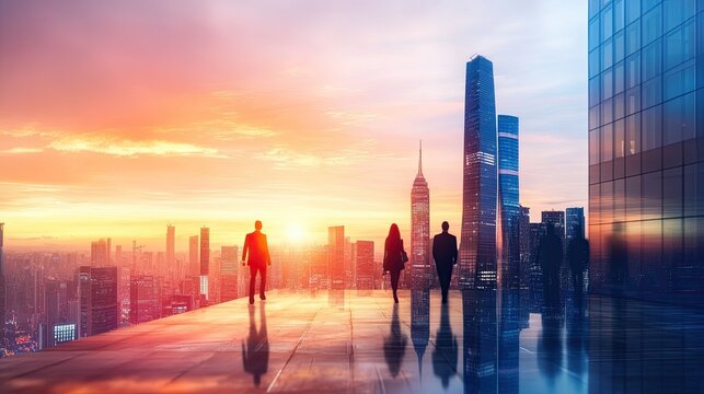 Business team on rooftop at city sunset