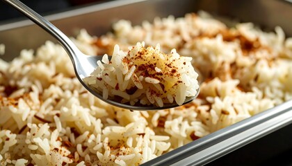 Close-up of a spoonful of cooked rice