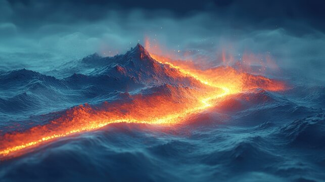 Eruption of molten lava flowing across turbulent ocean waves
