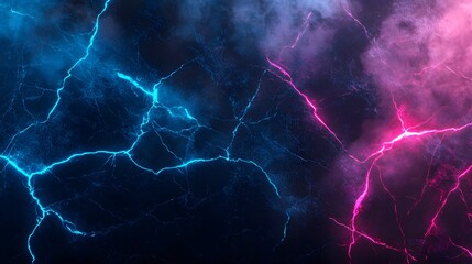 A vibrant display of neon-lit cracks and fissures across a dark surface, bathed in striking blue and pink hues, creates an electric and energetic atmosphere.