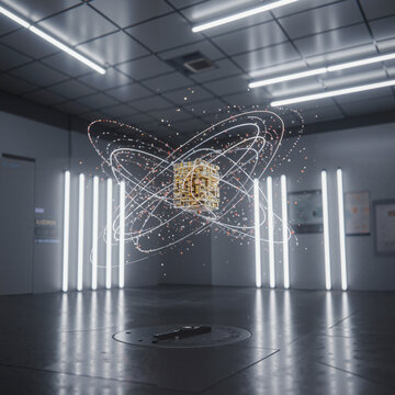  Quantum Computing for Cultural Preservation, Abstract futurism, Floating qubit model with entangled particles floating in modern laboratory with neon lights  