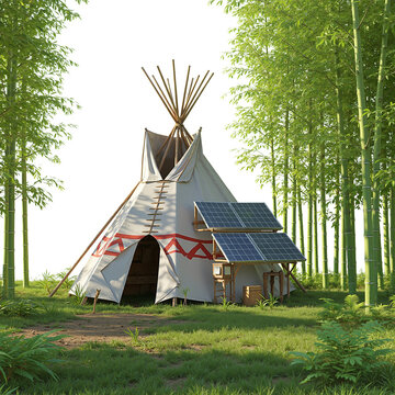 Watercolor Futuristic concept art, Native American Teepee with Solar panelle Bamboo forest at noon, 3d rendering, white background