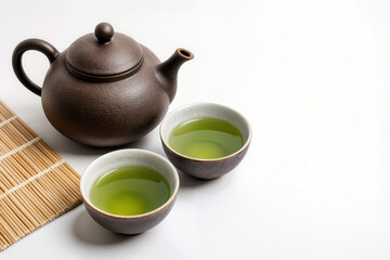 Asian tea set - iron teapot and ceramic cups with green tea and leaves. Traditional tea composition on white background, copy space.