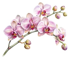 Watercolor painting of a branch of pink orchid flowers isolated on white background
