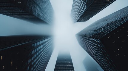 Foggy city skyscrapers low angle view modern architecture