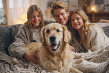 Happy golden retriever sits with family on a soft, cozy blanket indoors. Captures a warm and loving family moment, ideal for lifestyle branding and social media.