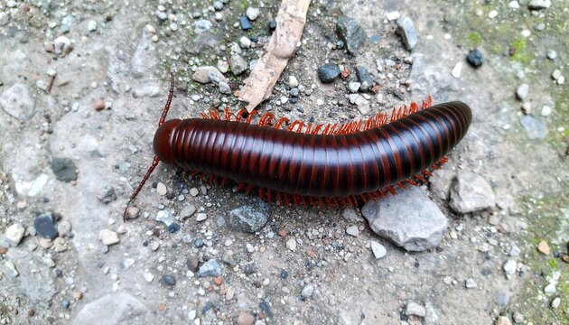 Close-up of a millipede on a gravel path in nature