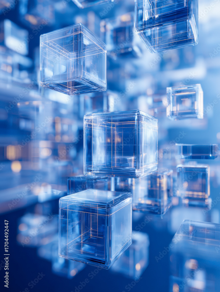 Aufkleber Transparent blue cubes with intricate wireframe patterns floating in a futuristic digital space background with soft focus and glowing highlights