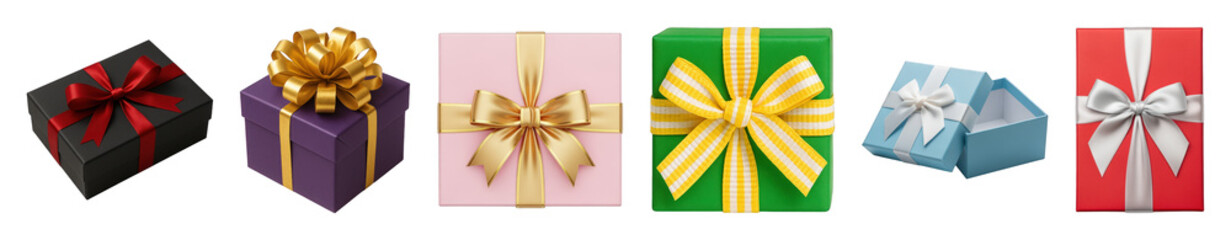 Gift box set including colorful closed and open boxes with ribbons isolated. Celebration and holiday collection.
