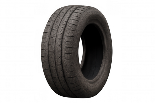 Worn automotive tire exhibiting significant tread wear, symbolizing vehicle maintenance and safety concerns