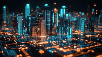 Futuristic city on circuit board at night
