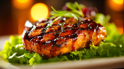 Grilled chicken breast glazed with sauce, served on fresh vegetables with a colorful blurred background