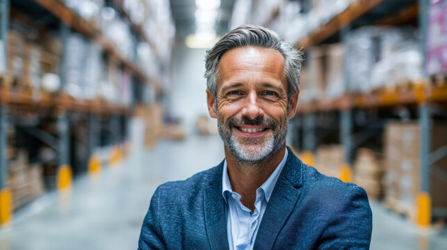Middle-aged businessman with gray hair and beard smiling confidently standing in a modern warehouse surrounded by shelves filled with organized inventory and products - Powered by Adobe