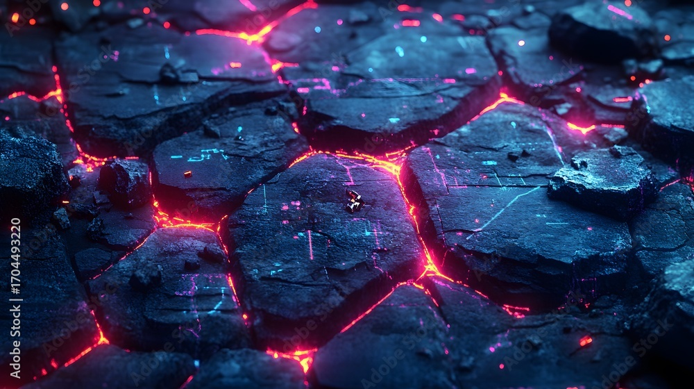 Aufkleber a close-up view of fractured rocks, glowing with vibrant neon pink and blue light, revealing intrica