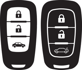 Two car key fobs with lock unlock and car icons silhouette