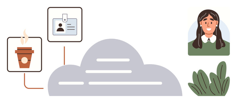 Central cloud surrounded by a coffee cup, ID badge, person s avatar, and greenery. Ideal for digital identity, remote work, modern connections, workflow, team building tech systems simple flat