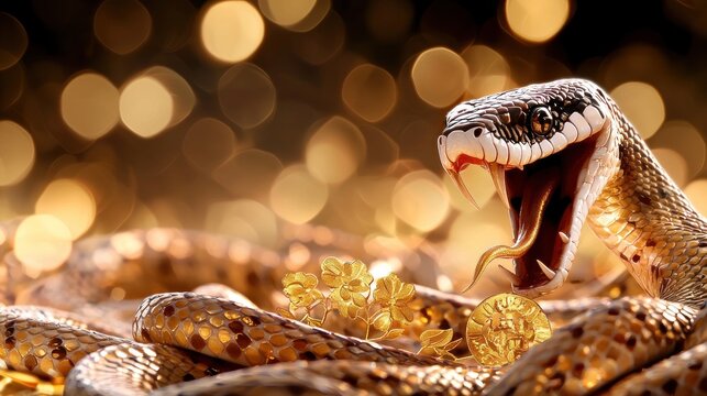 A snake coiled around golden spheres, mouth open showing fangs, against a blurred golden bokeh background.