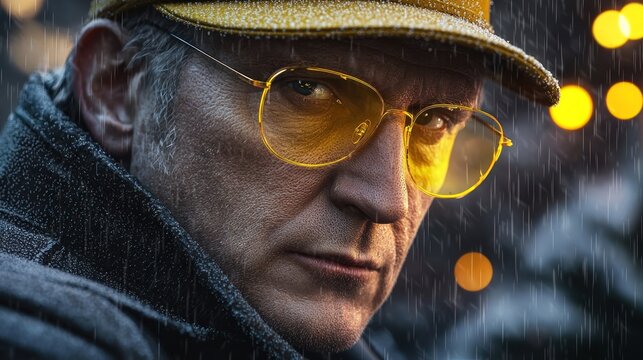 Close-up of a determined man wearing a hat and yellow-tinted glasses in the rain