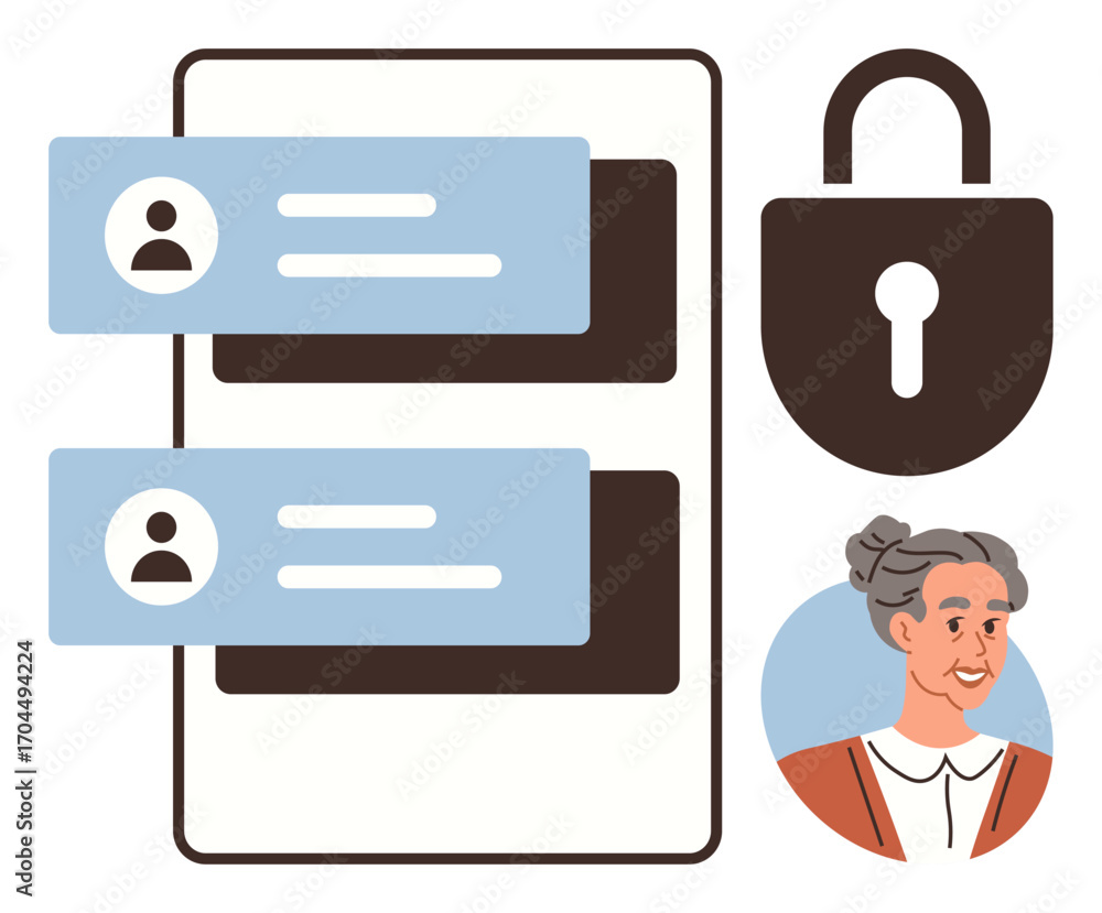 Poster user profile data displayed on interface with secure padlock and person avatar image. ideal for cybe