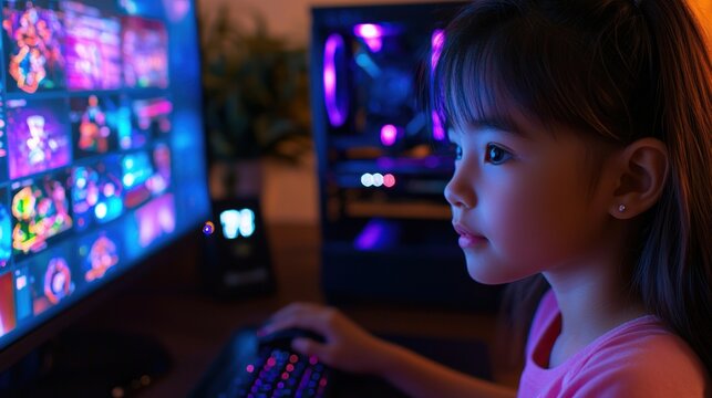 A focused young child immersed in the vibrant digital world of gaming or streaming on a powerful computer with glowing neon lights in a modern setup