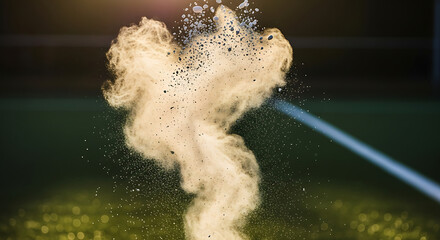 Abstract explosion of sand particles in a dramatic vortex motion with glowing yellow light effect and bokeh blur background