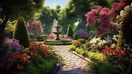 Idyllic garden scene with stone pathway leading to a central fountain and lush greenery