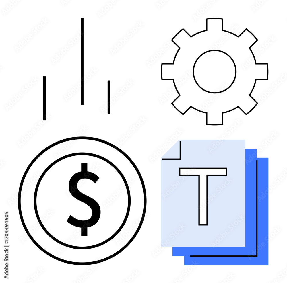 Poster coin with dollar sign, gear, bar chart, and layered documents with text. ideal for finance, data, pr