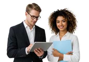 Business professionals collaborating and discussing work on a digital tablet