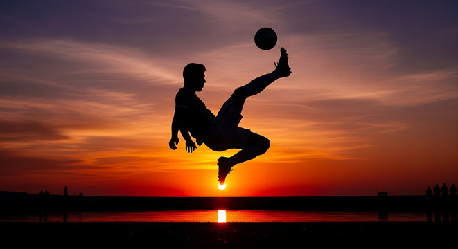 Silhouette of a soccer player performing a bicycle kick against a vibrant sunset over a calm lake