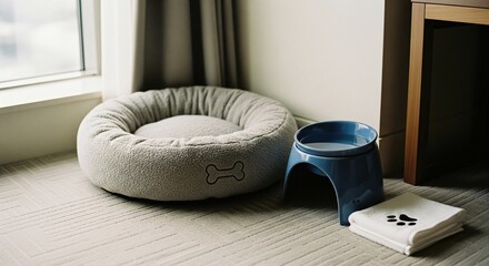 Cozy pet bed and water bowl setup indoors.