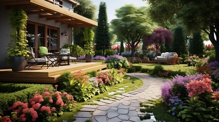 Fototapeta premium Idyllic garden retreat: A tranquil scene with lush landscaping and a serene patio area