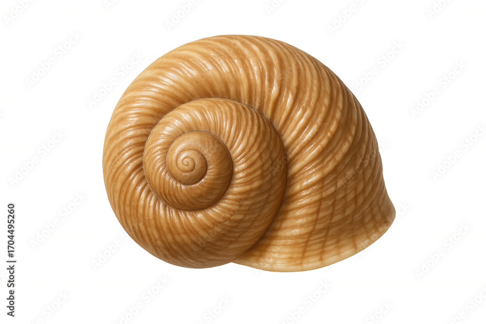 Poster close-up of a brown spiral seashell, showcasing its intricate patterns and textures, isolated on a t