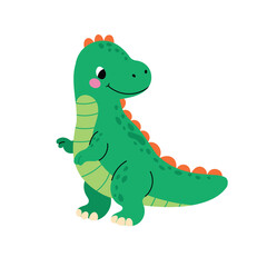 Cute green dinosaur standing with smile. Funny prehistoric reptile character for kids. Flat vector illustration isolated on white background.