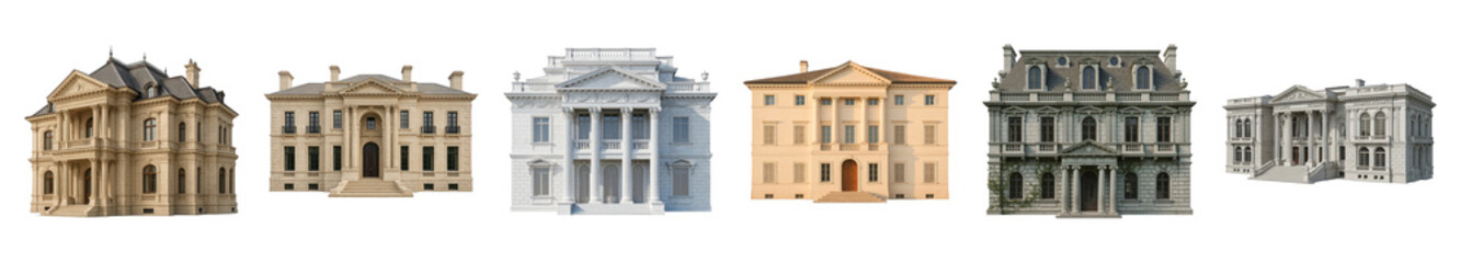 Fototapeta premium Ornate classical building set including varied historical and grand architectural designs isolated. Mansion and estate collection.