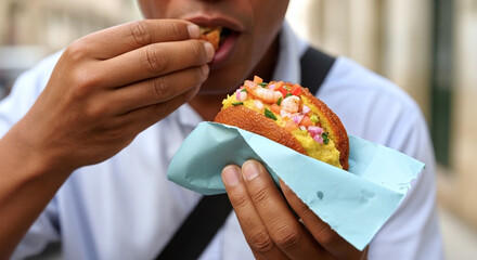 Craving authentic street food? Savor a delicious acarajé bursting with fresh shrimp and vibrant flavors